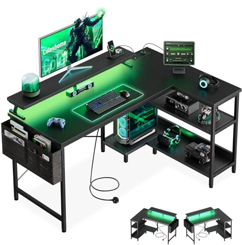 Coleshome L Shaped Gaming Desk with LED Lights & Power Outlet, 100x70 cm