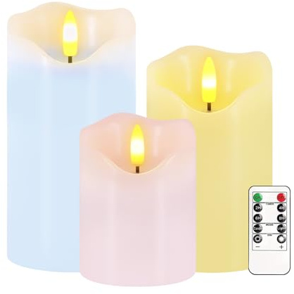 Flameless Candles Light, Set of 3 Pastel Spring LED Candles with Remote & Timer, Flickering Easter Pillar Candles Battery Operated, Real Wax Electric Candles for Home Spring Easter Decor (3 Colors)