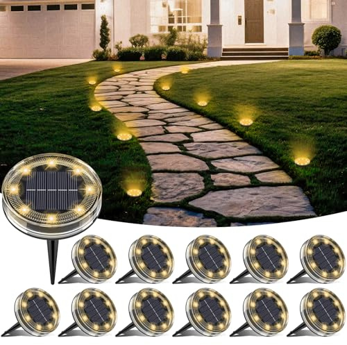 LOTMOS 12 Paquetes Luces Solares LED Exterior Jardin Suelo, 8 LED Impermeable Luz Solar Exterior Jardín, Lamparas Solares Suelo Camino, Terraza, Patio, Césped, Blanco Cálido