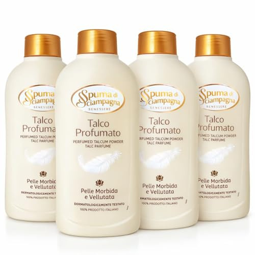 Talco Profumato Spuma di Sciampagna 200g – Set 4 Pezzi – Talco Corpo Assorbente Pelle Morbida e Vellutata, Profumo Delicato Lunga Durata, Dermatologicamente Testato, Ideale Dopo Doccia