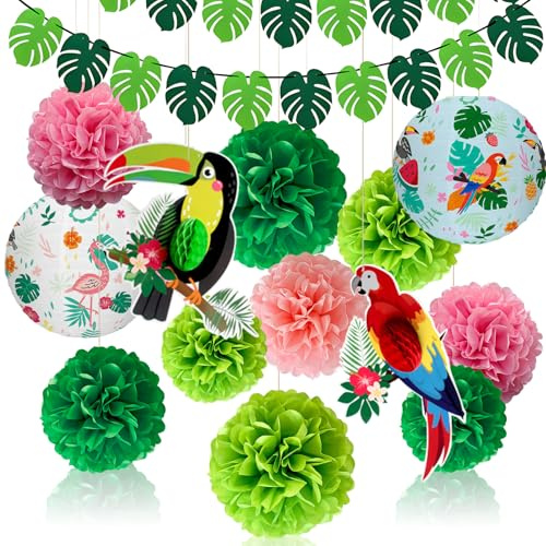 Ezydka Kit Décoration Anniversaire Fête Hawaï, Déco Tropicale d’Extérieur | Déco Fête d’Été avec Lanternes en Papier, Guirlande Perroquets, Bannière pour Anniversaire et Fête d’Été