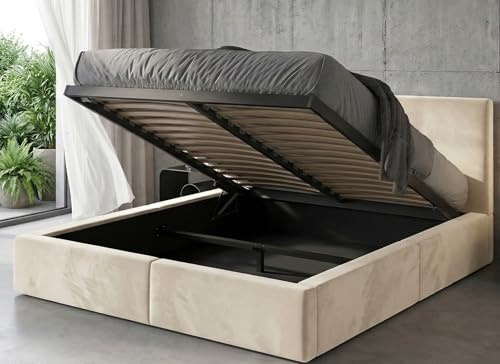 Polsterbett 120x200 cm mit Bettkasten und Lattenrost – Stauraumbett Doppelbett in Kaschmir Pflegeleichter Samtbezug Gepolstertes Bettgestell belastbar bis 300 kg ohne Matratze (Kaschmir, 120x200)