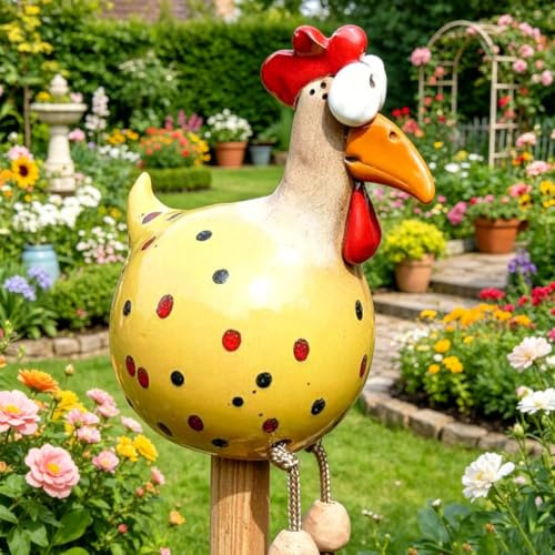 SKIPTHYBER Keramik Huhn Gartendeko, Huhn Gartendekoration Handarbeit Gartenstecker, Hühner Ornament Gartenfigur, Harz Statue Gartendekoration, für Bauernhof Außen Balkon Garten Ostern (Gelb)