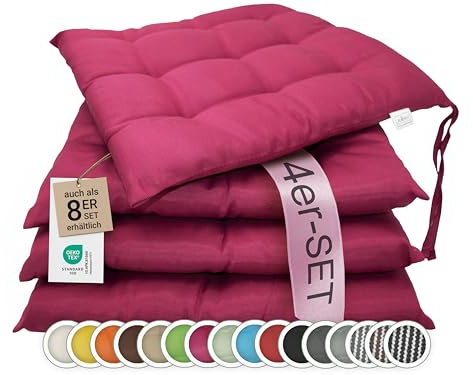 ZOLLNER 4er Set Sitzkissen in 40x40cm - gemütliche Stuhlkissen mit Bindebänder - waschbar bis 30°C - in Fuchsia - Oeko Tex® Zertifiziert