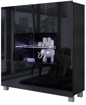Mirjan24 Kommode Calabrini BR01 mit 2 Türen (Schwarz Hochglanz, Blauer LED) | Moderne grifflose Kommode mit gehärtetem Glas und viel Stauraum für Wohn- und Schlafzimmer