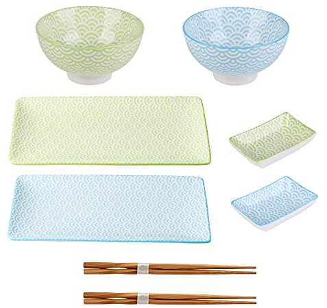 vancasso Natsuki Porcelain Sushi Plate Set for 2, Japanese Style Ceramic Blue Green 8 Pieces Sushi Serving Set, Including Sushi Platters | Sushi Bowls | Dip Bowls | Chopsticks, Gift Box
