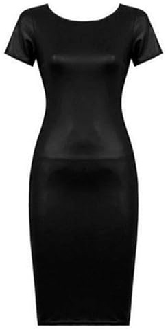 BODYWEAR LTD Bodycon Midi Dress in Faux Leather with Round Neck, Short Sleeves, Knee-Length Hemline, Soft Stretch PU Fabric, Design for Day or Night (M/L,Black)