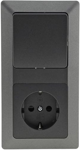 ChiliTec Steckdose mit Schalter Kombination Milos Unterputz 230V 16A Grau | Schutzkontakt-Steckdose, Wechselschalter, Lichtschalter, Klemmanschluss, Rahmen, Anthrazit