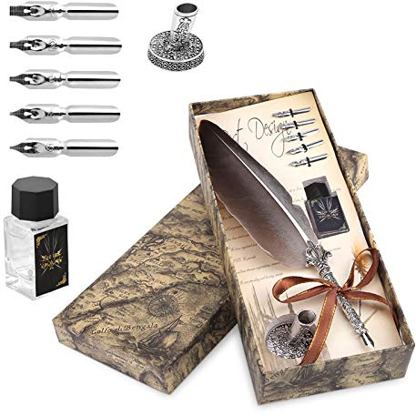 Yosoo Health Gear Set Calligraphie Plume d'Oie Cuivre Antique, 5 Plumes Rechange, Noir