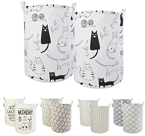 LessMo 2PCS 17.7 Clasificador de Almacenamiento de canastas de lavandería, cestos de lavandería Plegables, Ropa de algodón Redonda Impermeable (Gato, 17.7)