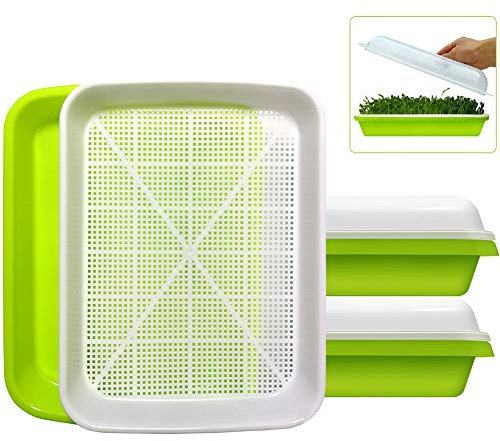 SUNPRO 2-Pack Seed Sprouter Tray with Humidity Lid, BPA Free Food Grade Soil-Free Sprouting Kit, Large Capacity Wheatgrass Grower & Microgreens Germination Station for Beans, Peas, Cat Grass (Green)