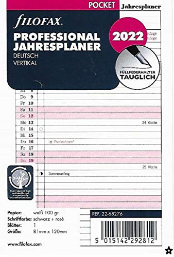 Filofax 22-68276 Professional Pocket Jahresplaner deutsch vertikal 2022, Weiss/Rosa