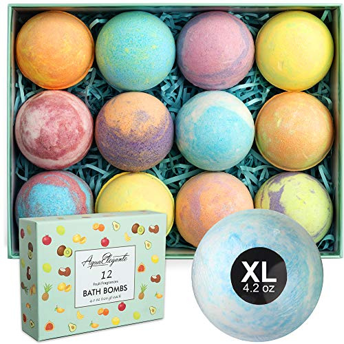 Tropical Fruit Bath Fizzies Set - 12 Large Bubble Bathbombs with Natural Essential Oils in Fruity Scents - Vegan Fizzy Bath Bombs Has Moisturizing Shea Butter and Coconut Oil