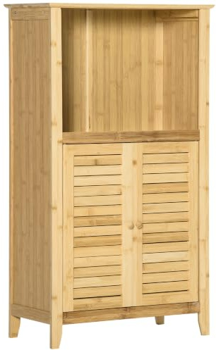 HOMCOM Badezimmerschrank mit 2 Lamellentüren 50 x 25,5 x 92 cm Natur | Badschrank, Standregal, Aufbewahrungsschrank, Offenes Regal, Bambus, für Badezimmer, Wohnzimmer