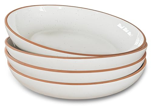 Mora Ceramic Large Pasta Bowls 30oz, Set of 4 - Serving, Salad, Dinner, etc Plate/Wide Bowl - Microwave, Oven, Dishwasher Safe Kitchen Dinnerware - Modern Porcelain Stoneware Dishes, Vanilla White