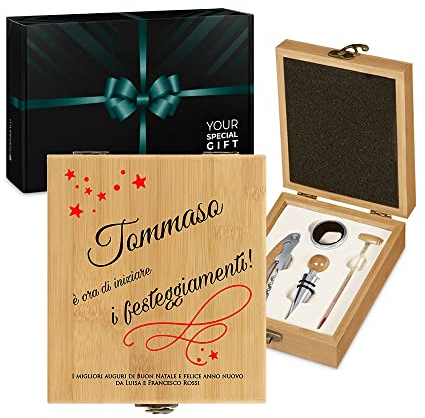 Maverton Kit accessori da vino - Set Cavatappi da Vino Natalizio Degustazione Perfetta Personalizzato - Scatola in legno di bambù + 4 pezzi di Accessori Vino - regali di Natale - Festeggiamenti