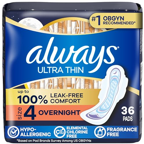 Always Ultra Thin Feminine Pads with Wings for Women, Size 4, Overnight Absorbency, Unscented, Up to 100% Leak-Free Comfort, 36 Count