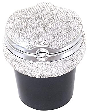 Uposao Auto Aschenbecher mit Licht, Bling Strass Glitzer Auto Zigaretten Aschenbecher mit Deckel Tragbarer Auto-Aschenbecher mit LED Licht für Auto, Haus, Büro Aufbewahrungs Getränkehalter,Silber