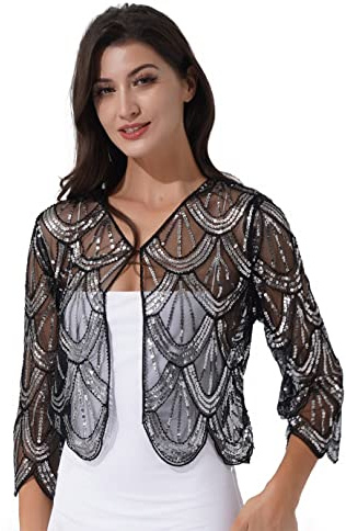 FEESHOW Damen Umhang Cape Retro Pailletten Stola Schal 1920s Bolero Für Hochzeit Braut Abendkleid Brautkleid Festlich Gala Kleid Silber E Einheitsgröße