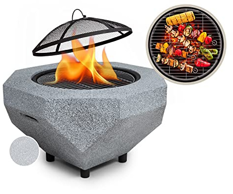 blumfeldt Brasero Exterieur pour Le Jardin, Plancha Portable avec Grille de BBQ, Pare-Etincelles et Bol en Acier, Barbecue Foyer Camping, 65 x 51 cm, Gris