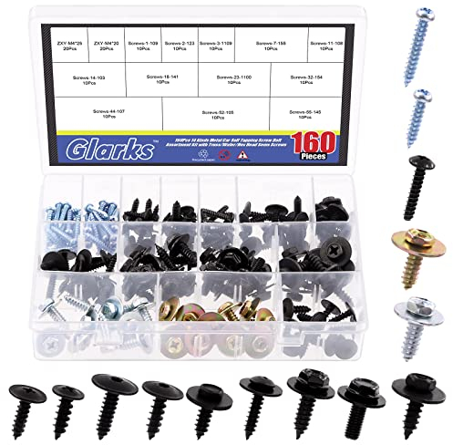 Glarks 160Pcs 12 Sizes Screw Bolt Retainer Car Engine Under Cover Splash Shield Guard Body Bolts Bumper Fender Liner Push Retainer Fastener Rivet Clips with Round Head Self Tapping Screws Assortment