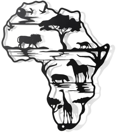 nbeads Väggdekoration i metall Afrika djurkarta, svart Afrika karta hängande väggdekor Afrika djur väggkonst utskuren panel för hem vardagsrum kök kontorsdekoration, 30 x 24,8 cm