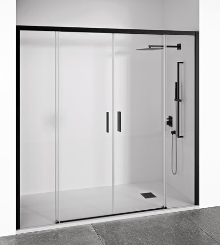 Mampara de ducha frontal 2 hojas correderas + 2 fijos sin perfilería inferior - Transparente - Cristal templado 6 mm Antical - Perfilería Negro Mate - Ancho adaptable 190-195 cm - Alto 195 cm - EIRE