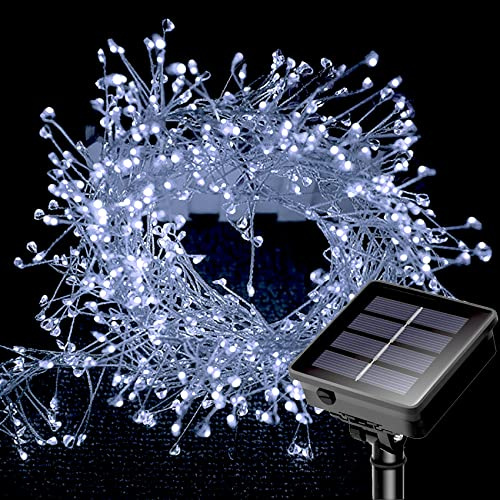 DINOWIN Solar Cluster Lichterkette Außen 19.68Ft 200 LED Wetterfest 8 Modi Silber Draht Lichterkette Outdoor für Balkon Garten Terrasse Party Hochzeit Deko (Weiß)