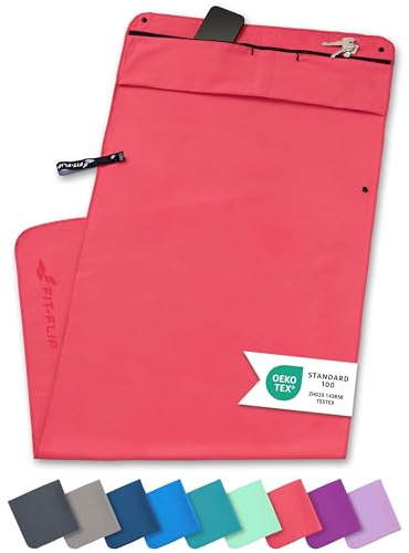 Fit-Flip Fitness Handtuch aus Mikrofaser kompakt und schnelltrocknend | mit Magnet und Reißverschluss Tasche, Fitnesshandtuch rutschfest für Sport und Gym, Sporthandtuch Fitnessstudio