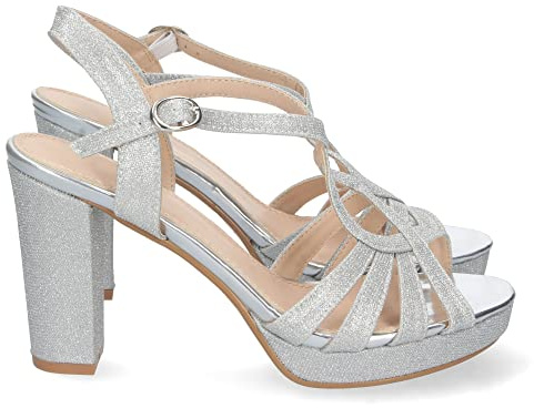 shoes&blues.es Sandalia de Tacon para Mujer, Comoda, con Pala en T, Estampado Brillante, y Cierre de Hebilla, Otono Invierno 2022