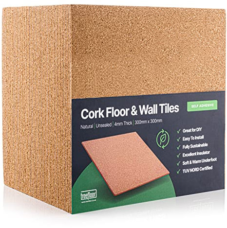 Treefloor Natural Self-Adhesive Cork Tiles - 300mm x 300mm x 4mm (300mm x 300mm x 4mm, 50, Tiles)