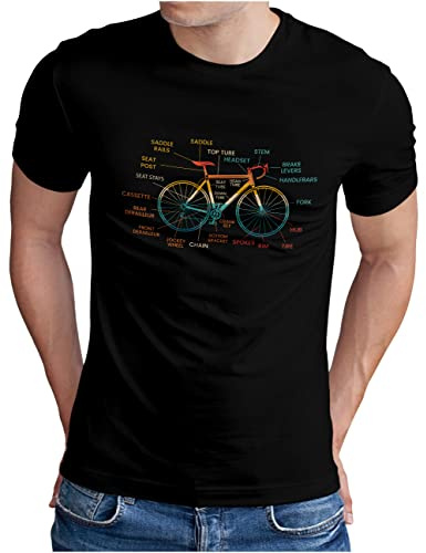 OM3® Fahrrad T-Shirt mit Teile Bezeichnungen - Herren - Bicycle Rennrad Bike Parts Radsport - S - 5XL
