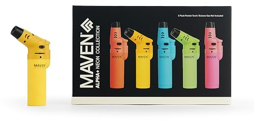 Alpha+ Torch Lighters, 5 Pack, Refillable Butane Gas Lighters, Adjustable Jet Flame, Windproof Mini Pocket Torch for Kitchen, Candles, Cooking, Baking, BBQ, Camping (Butane Not Included) (Neon)