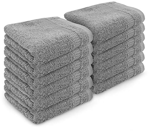 Velosso 12 Pack Premium Soft 100% Egyptian Cotton Ring Spun Soft Feel Face Cloths Flannel High Absorbent Spa, Gym, Sauna Face Towel (Grey)