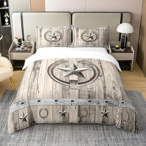 Erosebridal 100% Natural Cotton Western Texas Star Duvet Cover Full,Rustic Farm Horseshoe Bedding Set,Retro Grey Wooden Barn Door Comforter Cover,Cabin Bed Sets with 2 Pillowcases for Cowboys Soft