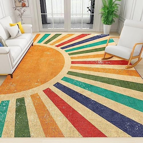 TEMLAN Bunter Boho-Regenbogen Teppiche Gegend, Vintage Abstrakte Kunst Flauschiger Teppich für Küche und Balkon Dekor Schlafzimmer Wohnzimmer Bodenteppich 120 x 180cm