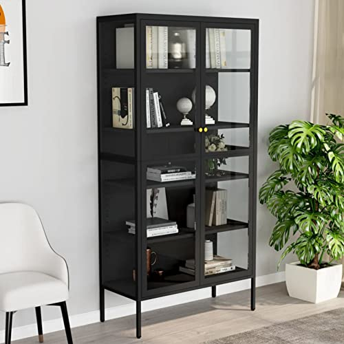 Camerina Vitrine Anthrazit 90x40x180 cm Stahl und Gehärtetes Glas Vitrinenschrank HäNgevitrine Wohnzimmerschrank VitrinenschräNke Wohnzimmer Vitrine