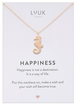 LUUK LIFESTYLE Filigrane Halsketten mit Anhänger und Karte mit HAPPINESS Spruch, zeitloses Design und moderne Motive, in Silber, Gold und Rosegold