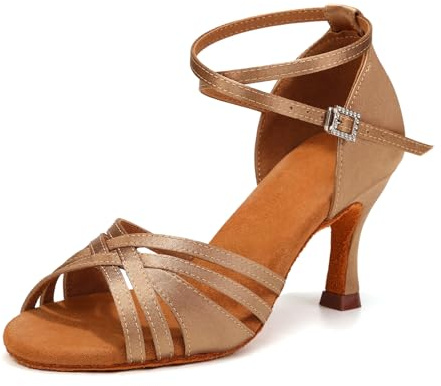 YCALCP Kvinnor Flickor Damer Ballroom Latin Tango Dansskor Klackade Salsa Latin Dans Öppna Tå Skor,L3049-Ljusbrun-7.5cm,EU 38.5