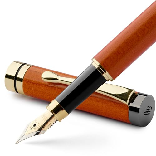 Wordsworth & Black Füller Set Holz, Bambus, Edel, Kalligraphie, Feder F | Füllfederhalter, Fountain Pen, Kirschholz, Geschenk Männer & Frauen, 18K Deutsches Iridium, Konverter + 6 Tintenpatronen