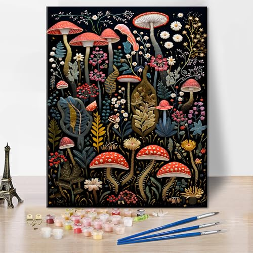 TISHIRON Paint by Numbers Kit for Adults Beginners DIY Acrylic Mushroom Floral Plants Adult Paint by Number Kits on Canvas Without Frame, Oil Painting by Numbers Kit for Home Decor Gifts 12x16 inch
