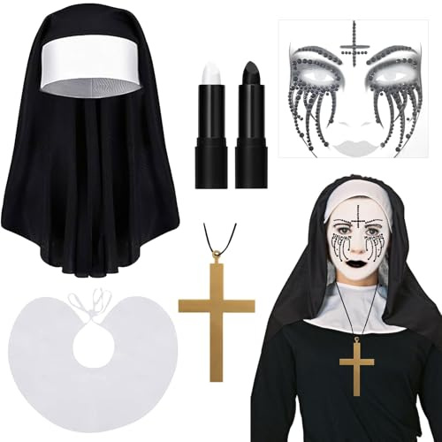 Nonne Kostüm Zubehör,Nonnen OutfitZubehör,mit Nonnens kopfbedeckung,Kragen | Tattoo Glitzersteine Gesicht,Kreuz Kette Holz,Schwarz und Weiß Creamy Sticks,für Frauen Halloween Cosplay Karneval Kostüm