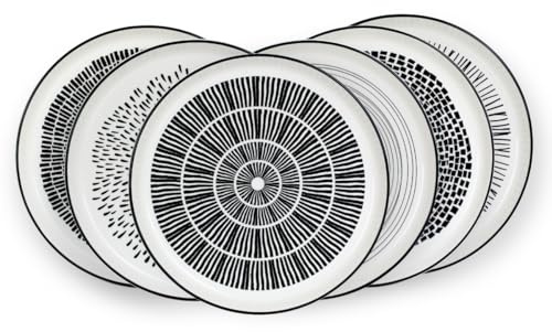 Lot de 6 Assiettes, Assiettes à Motifs, Assiettes Noires et Blanches, Vaisselle Chic, Assiettes Plates, Assiettes en Porcelaine