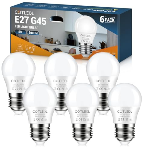 COTLEDL E27 LED Bulbs Cool White 6000K 5W Equivalent 40W, 6 Pack | Edison Screw (ES) Bulb, 500 Lumen, G45 Golf Ball Light Bulbs, Not Dimmable No Flicker Lamps, Energy Saving