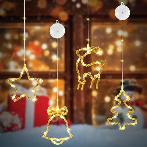 DazSpirit 4 Stück Weihnachtsbeleuchtung Fenster, 13 LEDs Fensterbeleuchtung Weihnachten mit Saugnäpfe, 8 Modi und Auto Timer, Batteriebetriebenes LED Weihnachtsdeko für Fenster, Balkon (Warmweiß)