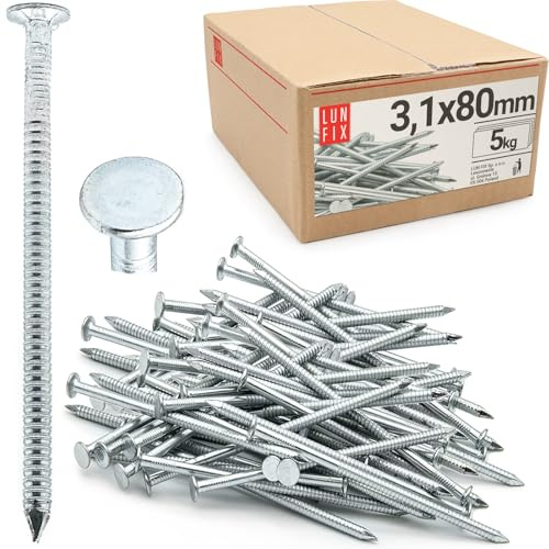 LUN FIX Rillennägel 3,1 x 80 mm verzinkt 5kg ca. 995 Stk Flachkopf | Baunägel Holznägel, Rillenschaft, Holzbau, Tischlerarbeiten, Holzkonstruktion, Zimmermann