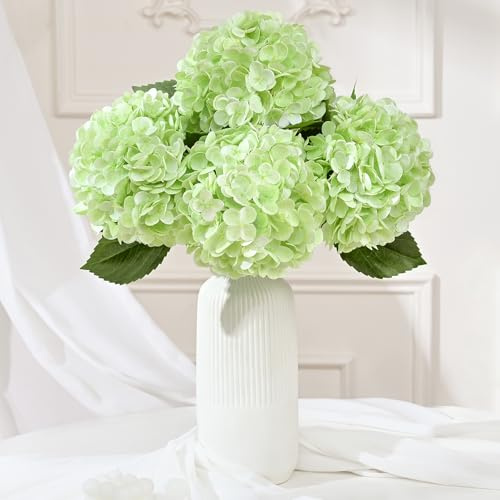 4 Pcs Light Green Hydrangea Artificial Flowers, Latex Real Touch Hydrangea Flowers, 19.6'' Full Faux Hydrangea Flowers Fake Flowers for Home Decor Party Wedding Centerpiece Bouquet Floral Arrangements