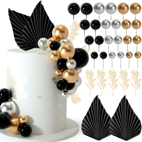 NEBURORA Pack of 64 Cake Decoration Balls Cake Topper and Leaf Decoration, Cake Topper Balloons Mini, Cake Baubles Decoration for Birthday Cakes (Black Gold)