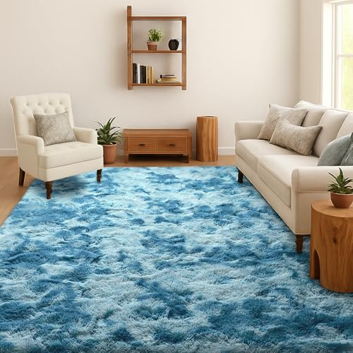 SOANNY Långhårig Matta Vardagsrum, Tvättbar Halkfri & Mjuk, Tie-Dye Ryamatta för Sovrum & Barnrum, Sängmatta, 120x180 cm, Mörkblå