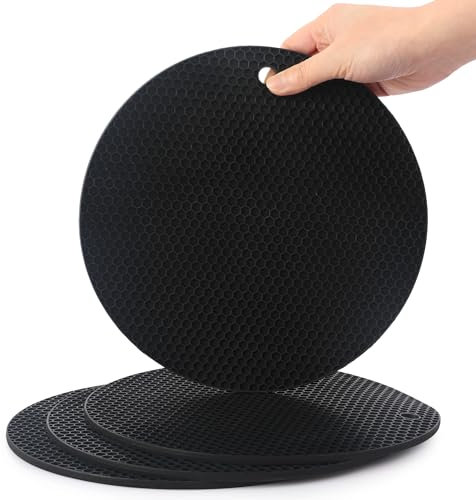 SOSMAR Juego de 4 salvamanteles Grandes de Silicona Resistentes al Calor para ollas, Vasos, jarrones y Cuencos, 23,5 cm Redondos, 5 mm de Grosor, salvamanteles de Mesa de Silicona Antideslizantes